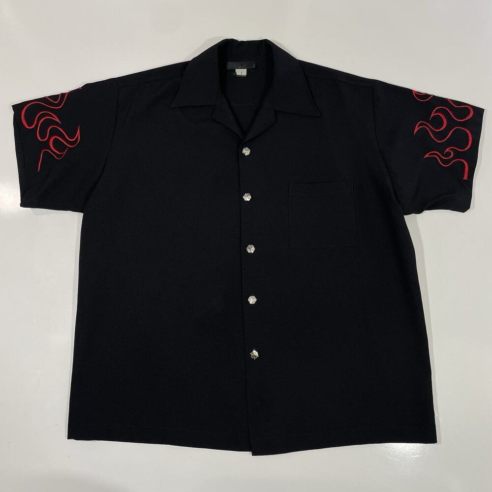 Vintage Johnny Suede Black Embroidered Flames Casino Button Down Shirt Mens Sz L